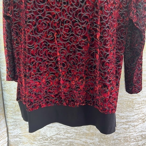 Tanjay Red/Black Velvet Burnout Detail Long Sleeve Blouse Size L - Picture 4 of 11